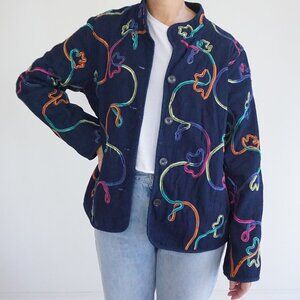 Koret Navy Embroidered Abstract Squiggle Quilted Button Front Jacket Boho P/L